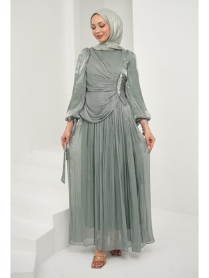 Mint Yeşili Önü Taş Detaylı Kol Bağlamalı Abiye Elbise