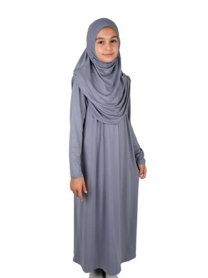 Gri Pratik Başörtülü Tek Parça Çocuk Namaz Elbisesi Yaş
