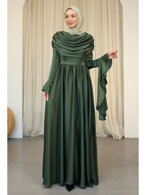 Koyu Yeşil Kol Katlı Önü Drapeli Saten Abiye Elbise