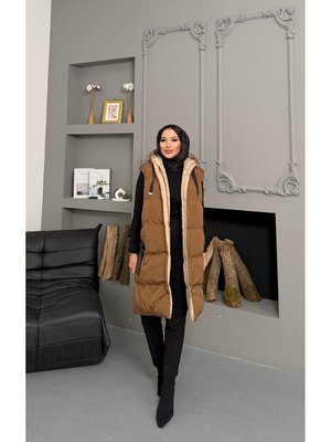 Bej Çift Taraflı Dolgulu Kapüşonlu Dokuma Yelek Kahverengi