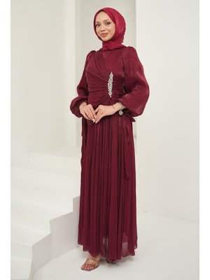 Mürdüm Önü Taş Detaylı Kol Bağlamalı Abiye Elbise