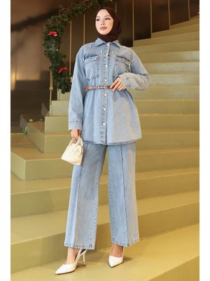 Buz Mavisi Cepli Taş Detaylı Kot Takım