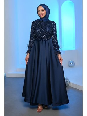 Lacivert Kolları Tüğlü Üstü Payetli Saten Abiye Elbise