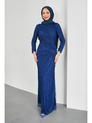 Lacivert Önü Büzgülü Güpürlü Abiye Elbise