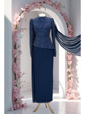 Lacivert Masal Abiye Elbise