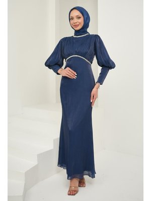 Lacivert Önü Piliseli Taşlı Abiye Elbise
