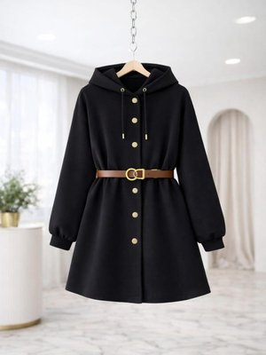 Siyah Gold Düğme Kemer Detaylı Hırka