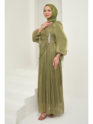 Haki Önü Taş Detaylı Kol Bağlamalı Abiye Elbise