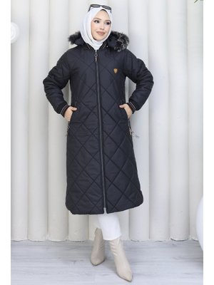 Siyah Cepli Uzun Kapitone Mont