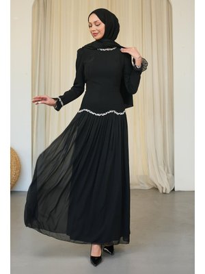 Siyah Sırt Bağlamalı Taşlı Abiye Elbise
