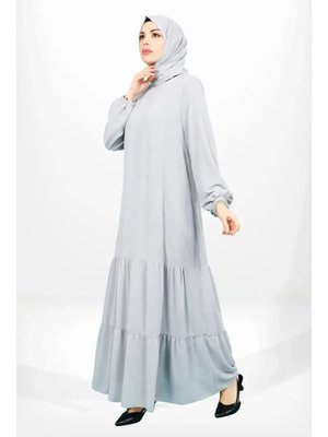 Gri Eteği İki Kat Fırfırlı Astarlı Şifon Elbise