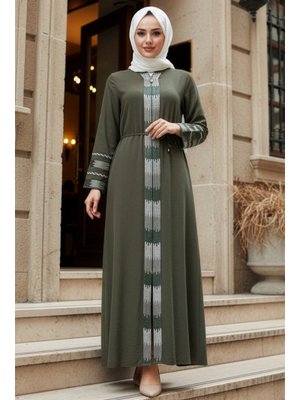 Desenli Haki Abaya 45303hk