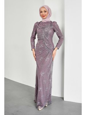 Gül Kurusu Önü Büzgülü Güpürlü Abiye Elbise