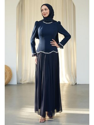 Lacivert Sırt Bağlamalı Taşlı Abiye Elbise
