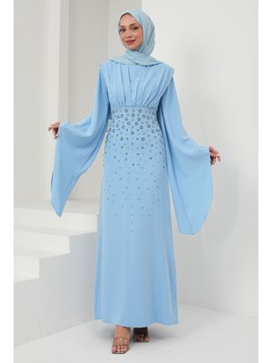 Bebe Mavi Önü Drapeli Taş İşlemeli Abiye Elbise