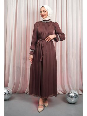 Mürdüm Kol Yaka Taşlı Abiye Elbise