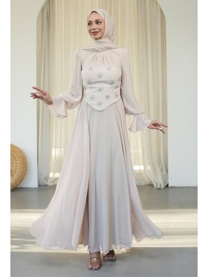 Bej Taş İşlemeli Büstiyerli Abiye Elbise