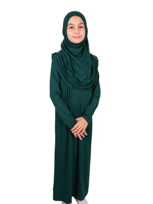 Zümrüt Yeşili Pratik Başörtülü Tek Parça Çocuk Namaz Elbisesi Yaş