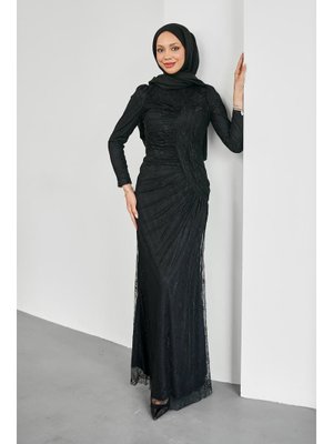 Siyah Önü Büzgülü Güpürlü Abiye Elbise