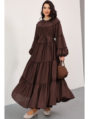Kahverengi Katlı Fırfırlı Elbise