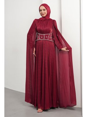 Bordo Beli Taşlı Pelerinli Piliseli Abiye Elbise