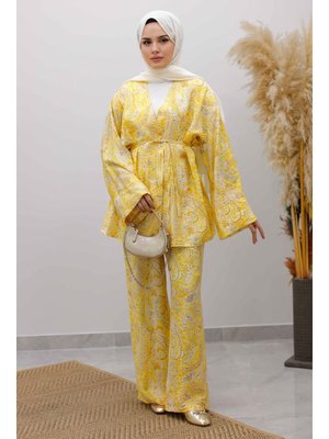Sarı Beli İp Bağlamalı Kimono Takım