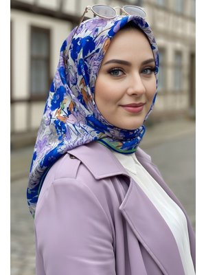 Lila/saks Mavisi Soft Dijital Pamuklu Eşarp