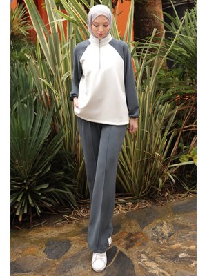 Antrasit Fermuarlı Garnili Sweat Pantolonlu Takım