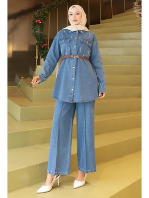 Açık Mavi Cepli Taş Detaylı Kot Takım