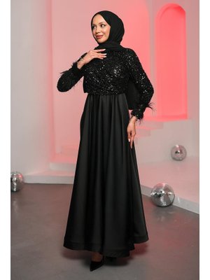 Siyah Kolları Tüğlü Üstü Payetli Saten Abiye Elbise