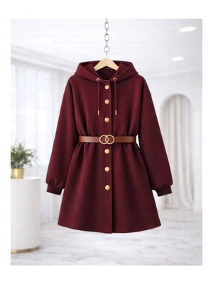 Bordo Gold Düğme Kemer Detaylı Hırka