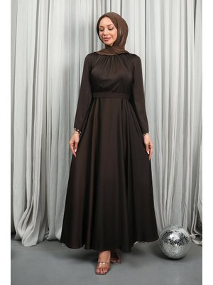 Kahverengi Kolları Taşlı Kuşaklı Saten Abiye Elbise