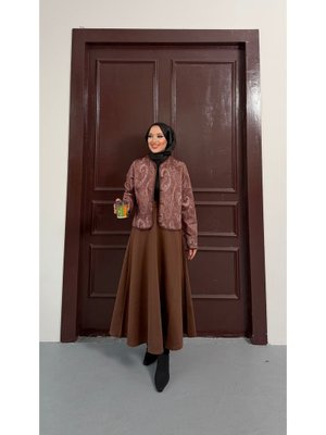 Kahverengi Şal Desen Ceket Etek İkili Takım