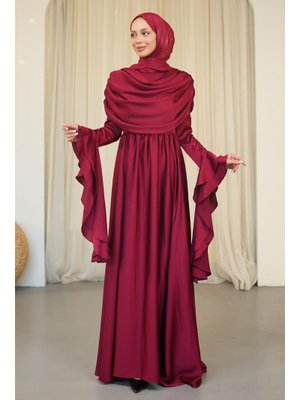 Bordo Kol Katlı Önü Drapeli Saten Abiye Elbise