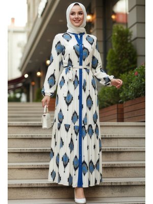 Desenli Bej Sax Mavisi Elbise 23926bejsx