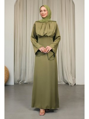 Koyu Yağ Yeşili Omuzları Vatkatlı Saten Abiye Elbise
