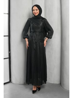 Siyah Drapeli Piliseli Abiye Elbise