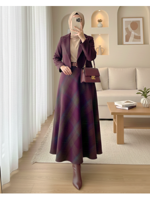 Mürdüm Ekose Desenli Yanı Fermuarlı Kaşe Çan Etek