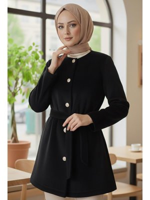 Siyah Sıyah Değmeli Kuşaklı Kaşe Ceket