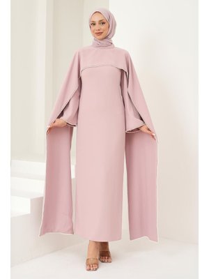 Pudra İnci Detaylı Pelerinli Abiye Elbise