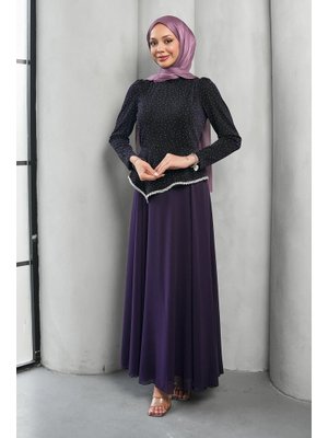 Mor Taş Detaylı Tasarım Abiye Elbise