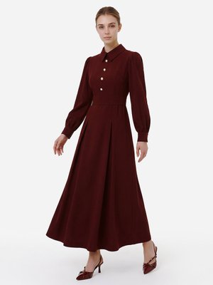 Bordo Gold Düğme Detaylı Balon Kollu Kuşaklı Elbise