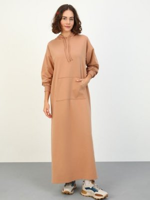 Kanguru Cepli Kapüşonlu Elbise Sütlü Kahve