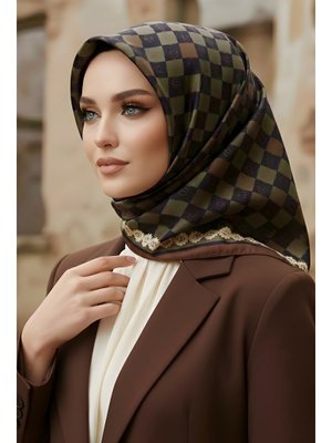 Koyu Haki İpekhan Soft Dijital Pamuklu Eşarp