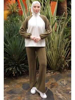 Açık Haki Fermuarlı Garnili Sweat Pantolonlu Takım