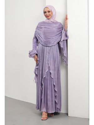 Lila Seyyar Pelerinli Fırfırlı Abiye Elbise
