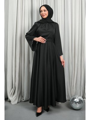 Siyah Kolları Taşlı Kuşaklı Saten Abiye Elbise