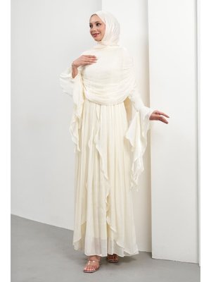 Krem Seyyar Pelerinli Fırfırlı Abiye Elbise
