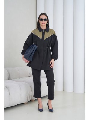 Haki Çizgi Geçişli Fermuar Detaylı Takım Siyah