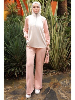 Somon Fermuarlı Garnili Sweat Pantolonlu Takım